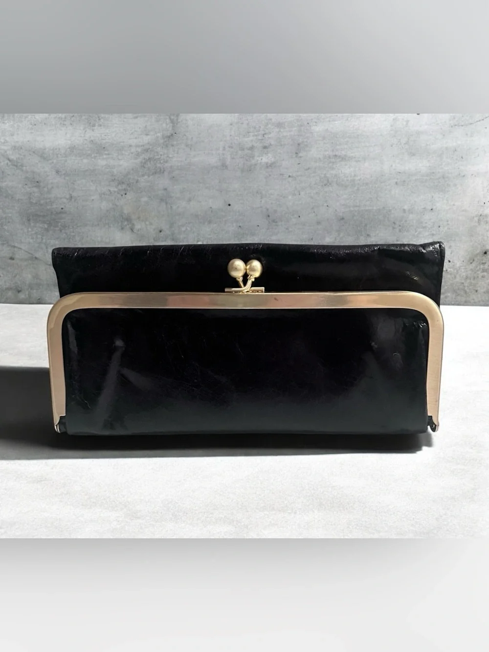HOBO RACHEL Continental Wallet Black Leather Kiss-Lock Clutch Bag Magnetic Retro